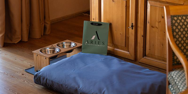 Area accogliente per animali, con cuscino blu e ciotole in legno, atmosfera calda.